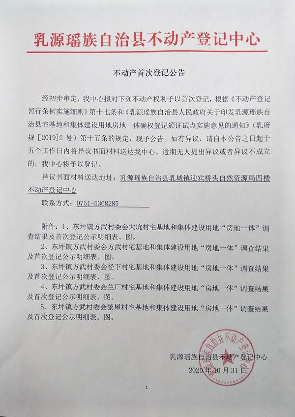 乳源新闻 通知公告             附件1:东坪镇方武村委会大坑村房地