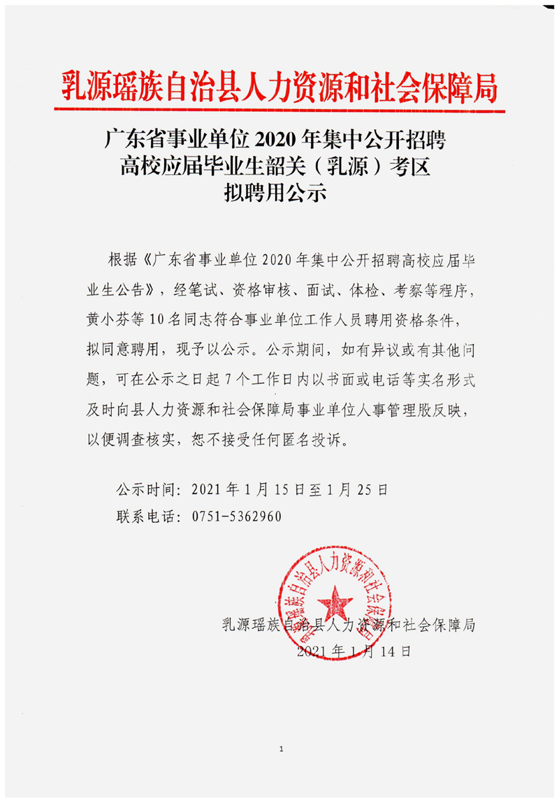 广东省事业单位2020年集中公开招聘高校毕业生韶关（乳源）考区拟聘用公示.0000.jpg