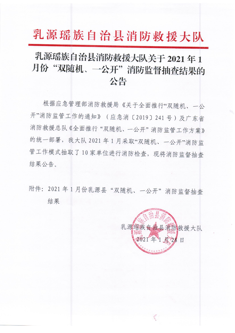 乳源瑶族自治县消防救援大队关于2021年1月份“双随机、一公开”消防监督抽查结果的公告1.jpg