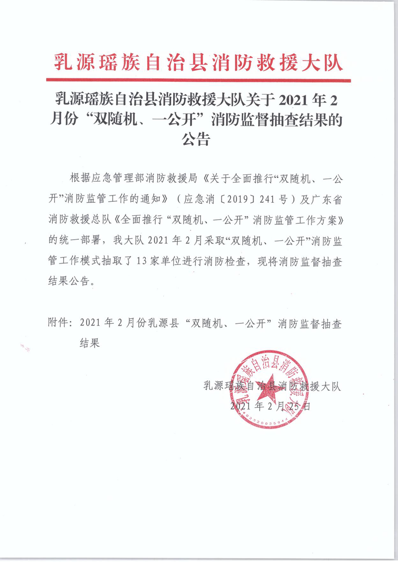 乳源瑶族自治县消防救援大队关于2021年2月份“双随机、一公开”消防监督抽查结果的公告1.jpg