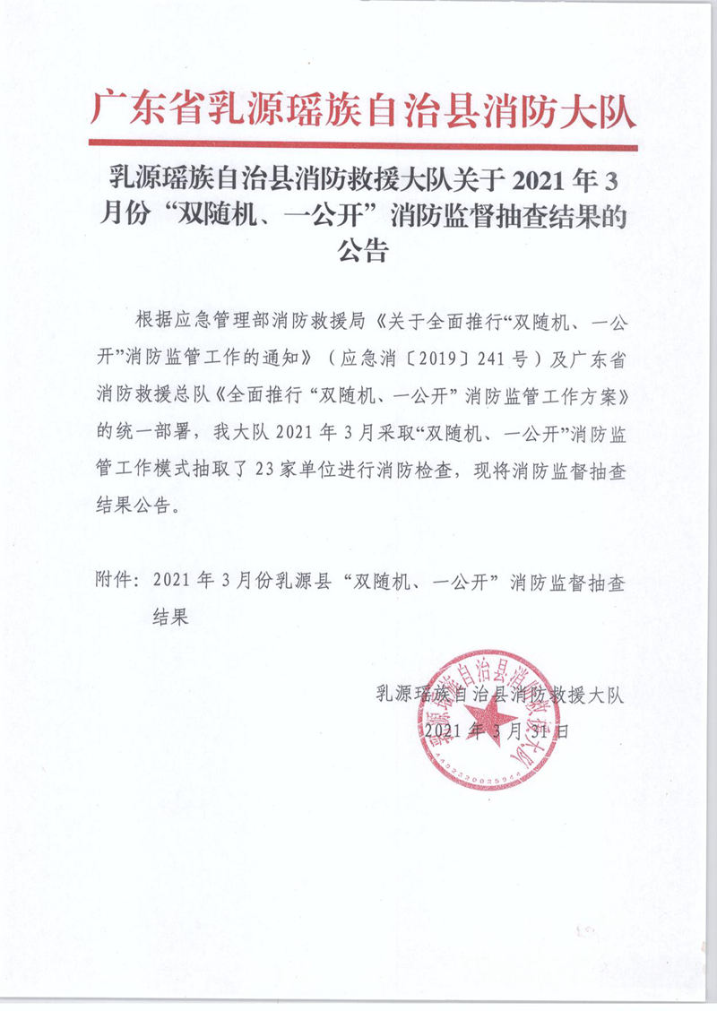 乳源瑶族自治县消防救援大队关于2021年3月份“双随机、一公开”消防监督抽查结果的公告1.jpg