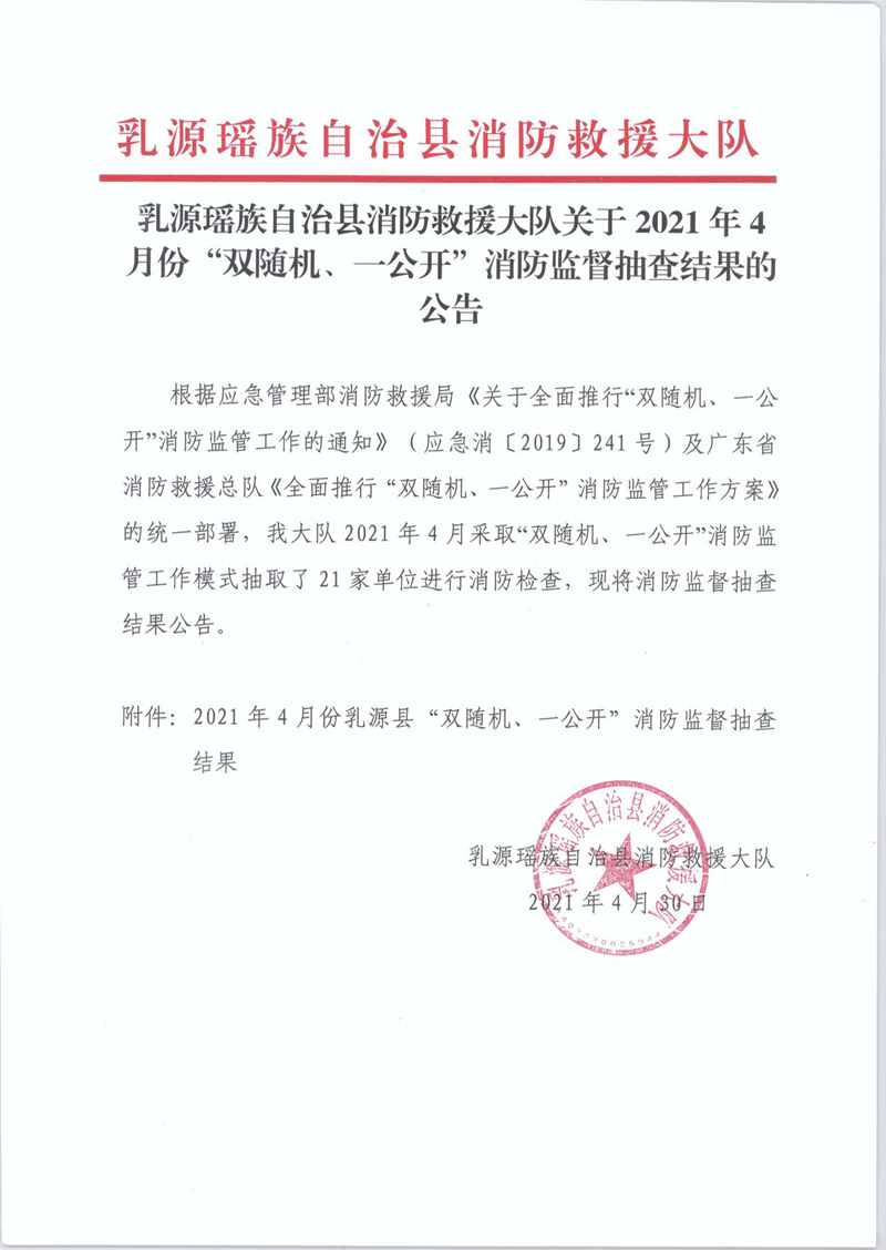 乳源瑶族自治县消防救援大队关于2021年4月份“双随机、一公开”消防监督抽查结果的公告1.jpg