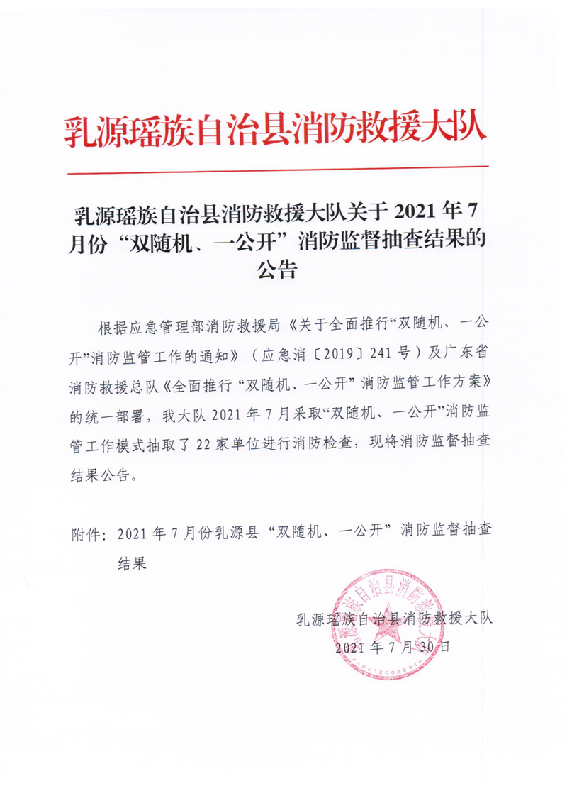 乳源瑶族自治县消防救援大队关于2021年7月份“双随机、一公开”消防监督抽查结果的公告1.jpg
