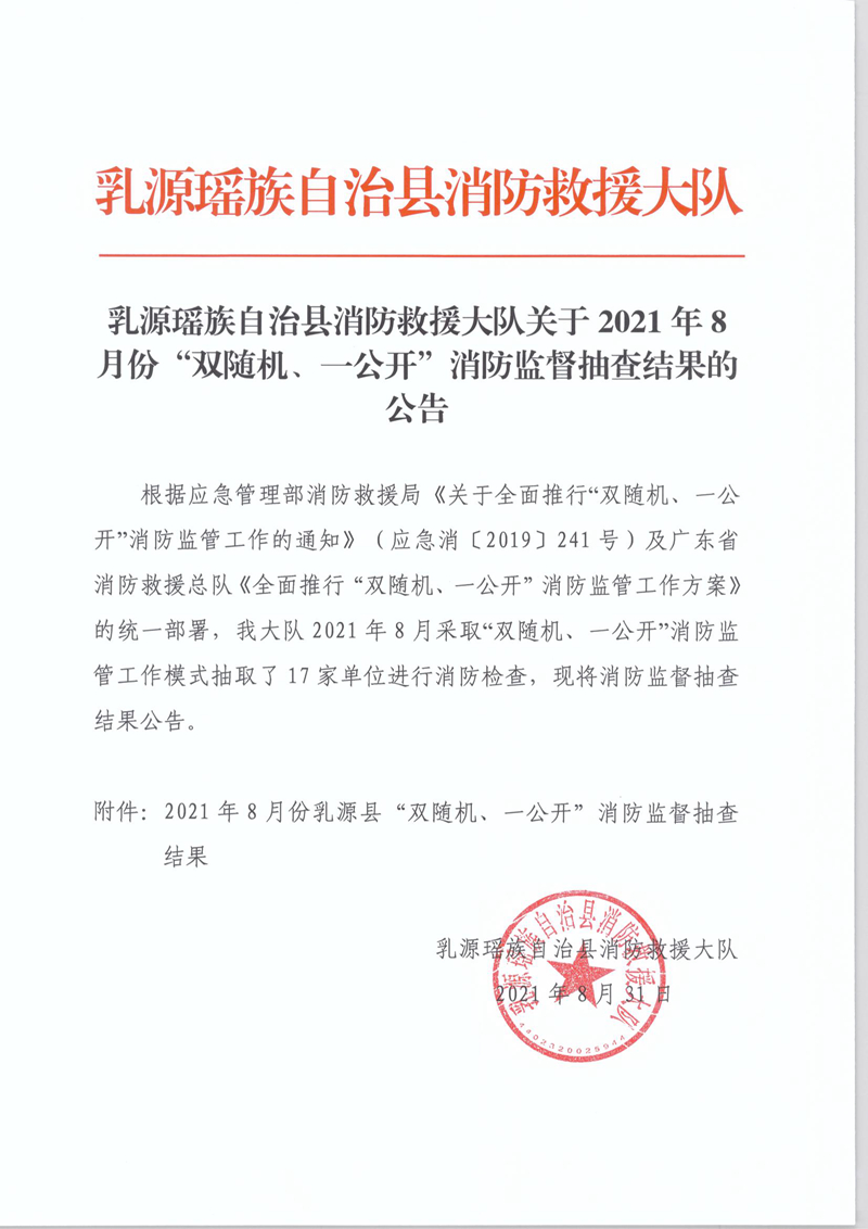 乳源瑶族自治县消防救援大队关于2021年8月份“双随机、一公开”消防监督抽查结果的公告1.jpg