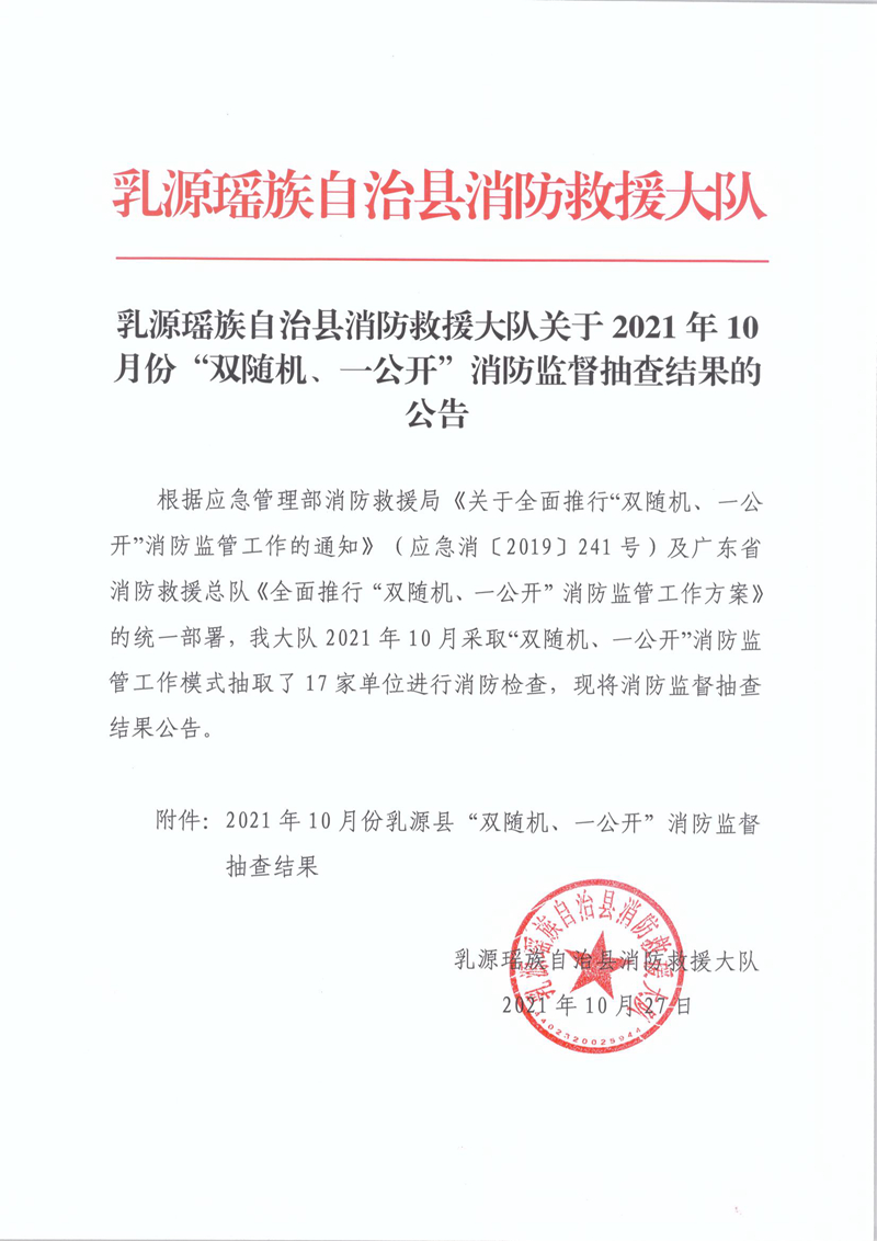 乳源瑶族自治县消防救援大队关于2021年10月份“双随机、一公开”消防监督抽查结果的公告1.jpg