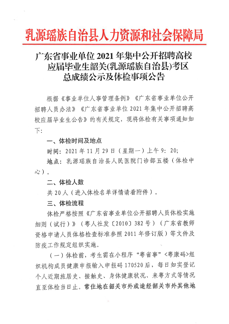 广东省事业单位2021年集中公开招聘高校应届毕业生韶关(乳源瑶族自治县)考区总成绩公示及体检事项公告0000.jpg