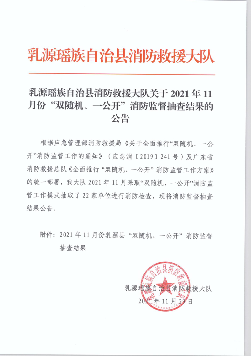 乳源瑶族自治县消防救援大队关于2021年11月份“双随机、一公开”消防监督抽查结果的公告1.jpg