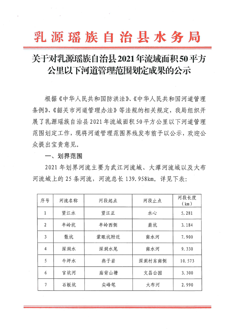 关于对乳源瑶族自治县2021年流域面积50平方公里以下河道管理范围划定成果的公示0000.jpg