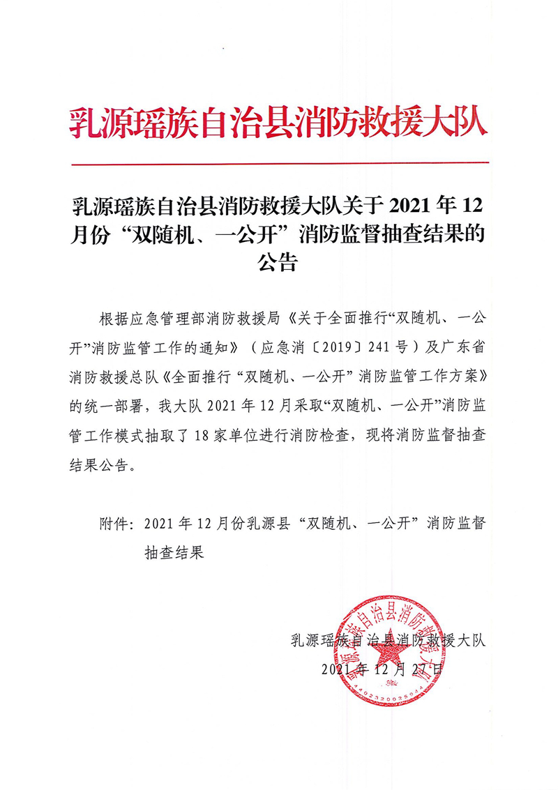 乳源瑶族自治县消防救援大队关于2021年12月份“双随机、一公开”消防监督抽查结果的公告1.jpg