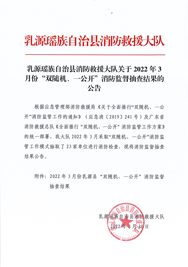 乳源瑶族自治县消防救援大队关于2022年3月份“双随机、一公开”消防监督抽查结果的公告 (1).jpg