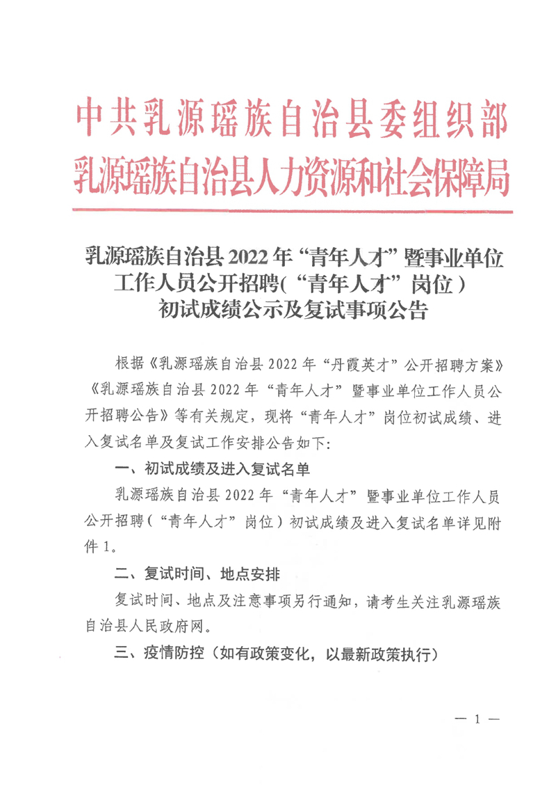 乳源瑶族自治县2022年“青年人才”暨事业单位工作人员公开招聘(“青年人才”岗位）初试成绩公示及复试事项公告0000.jpg