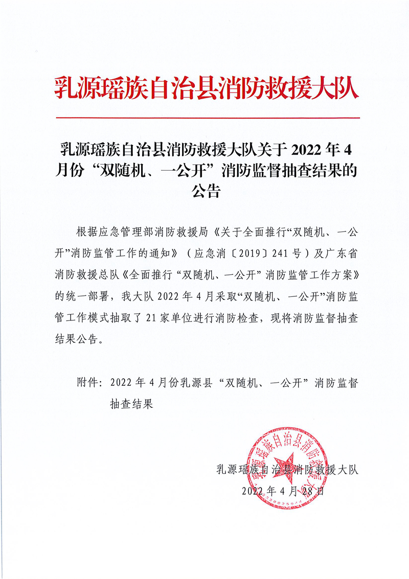 乳源瑶族自治县消防救援大队关于2022年4月份“双随机、一公开”消防监督抽查结果的公告 (1).jpg