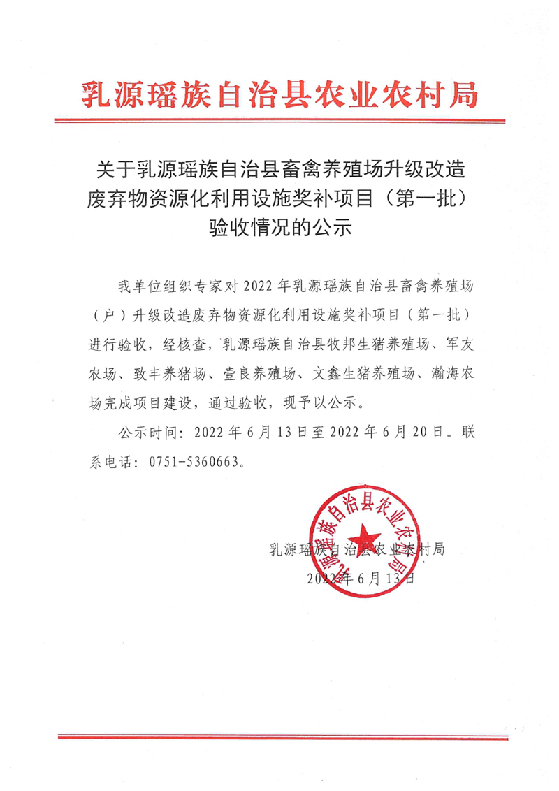 关于乳源瑶族自治县畜禽养殖场升级改造废弃物资源化利用设施奖补项目（第一批）验收情况的公示0000.jpg