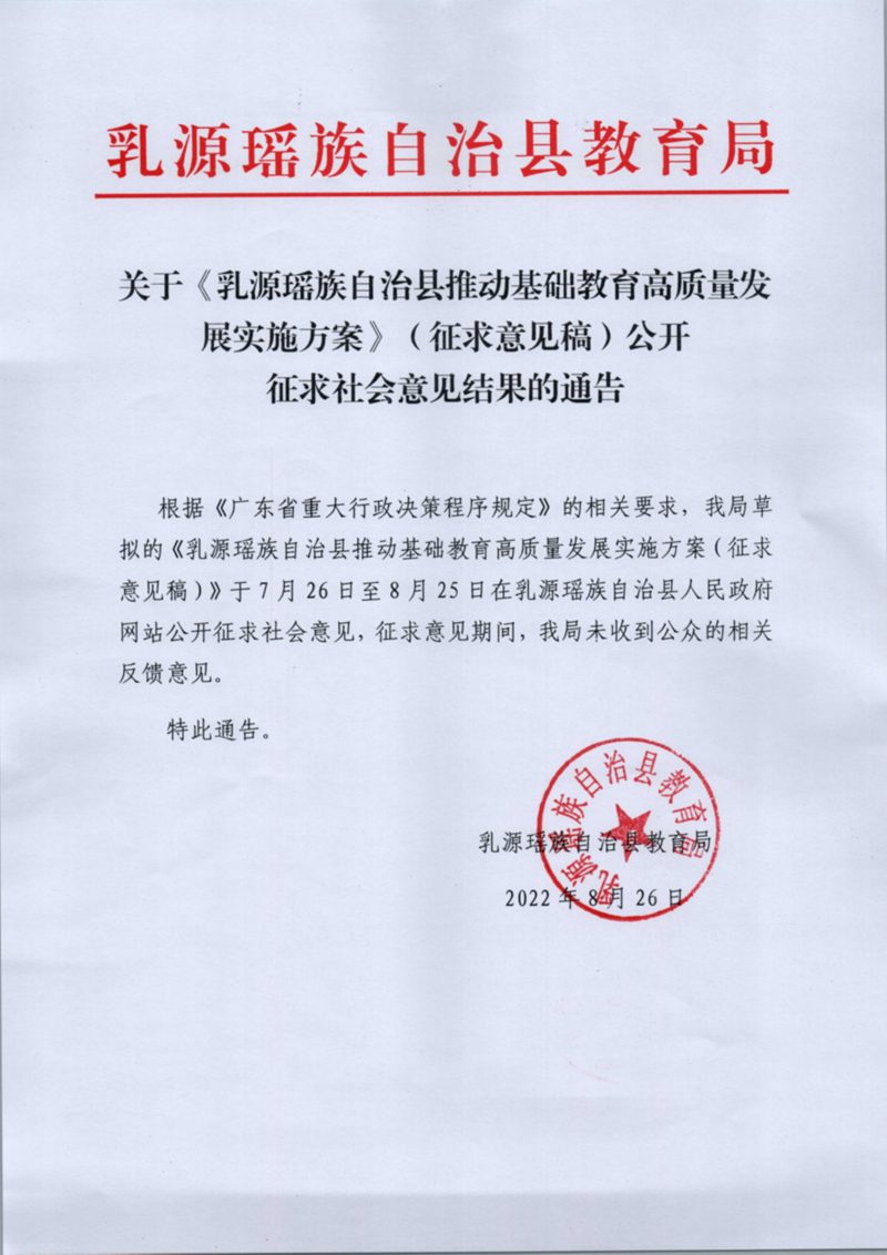 关于《乳源瑶族自治县推动基础教育高质量发展实施方案》（征求意见稿）公开征求社会意见结果的通告0000.jpg