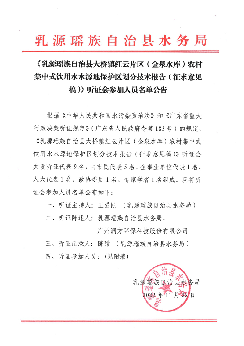 《乳源瑶族自治县大桥镇红云片区（金泉水库）农村集中式饮用水水源地保护区划分技术报告（征求意见稿）》听证会参加人员名单公告（202211月21）0000.jpg