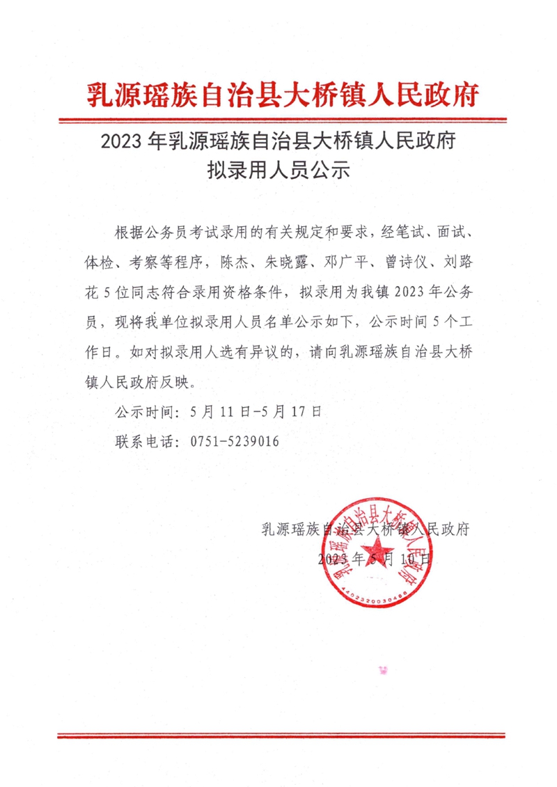 2023年乳源瑶族自治县大桥镇人民政府拟录用人员公示0000.jpg