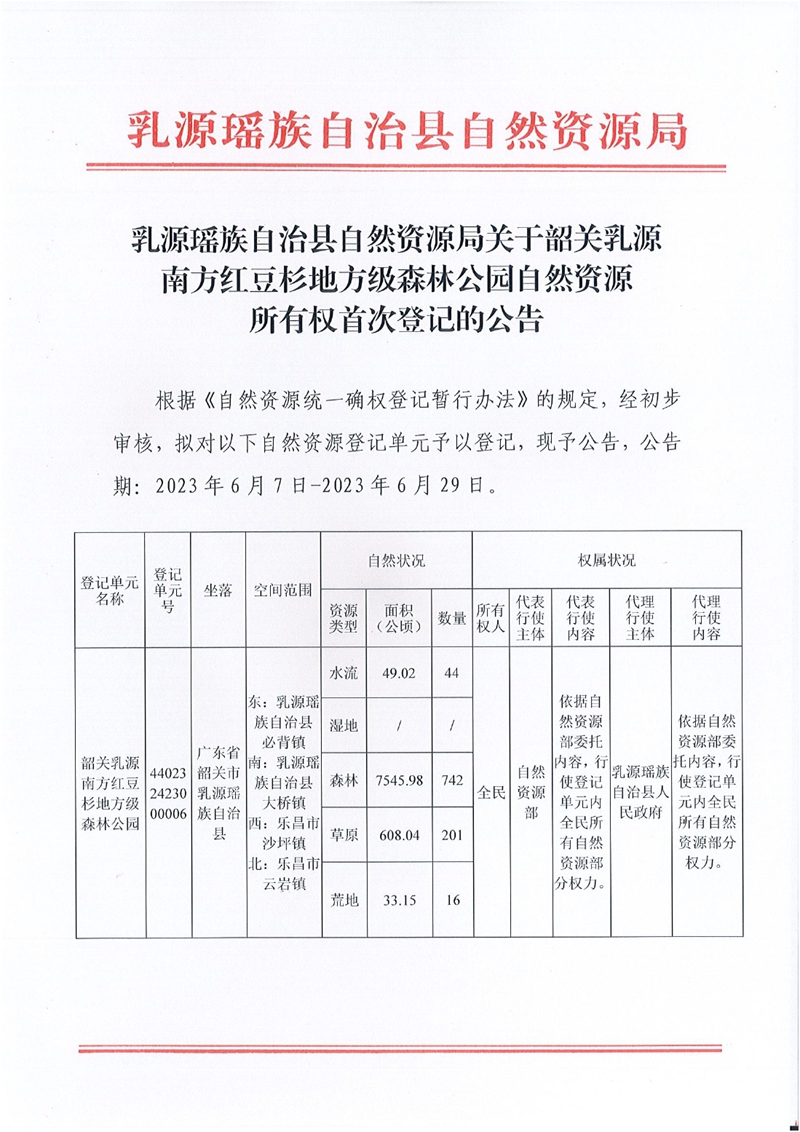 乳源瑶族自治县自然资源局关于韶关乳源南方红豆杉地方级森林公园自然资源所有权首次登记的公告0000.jpg