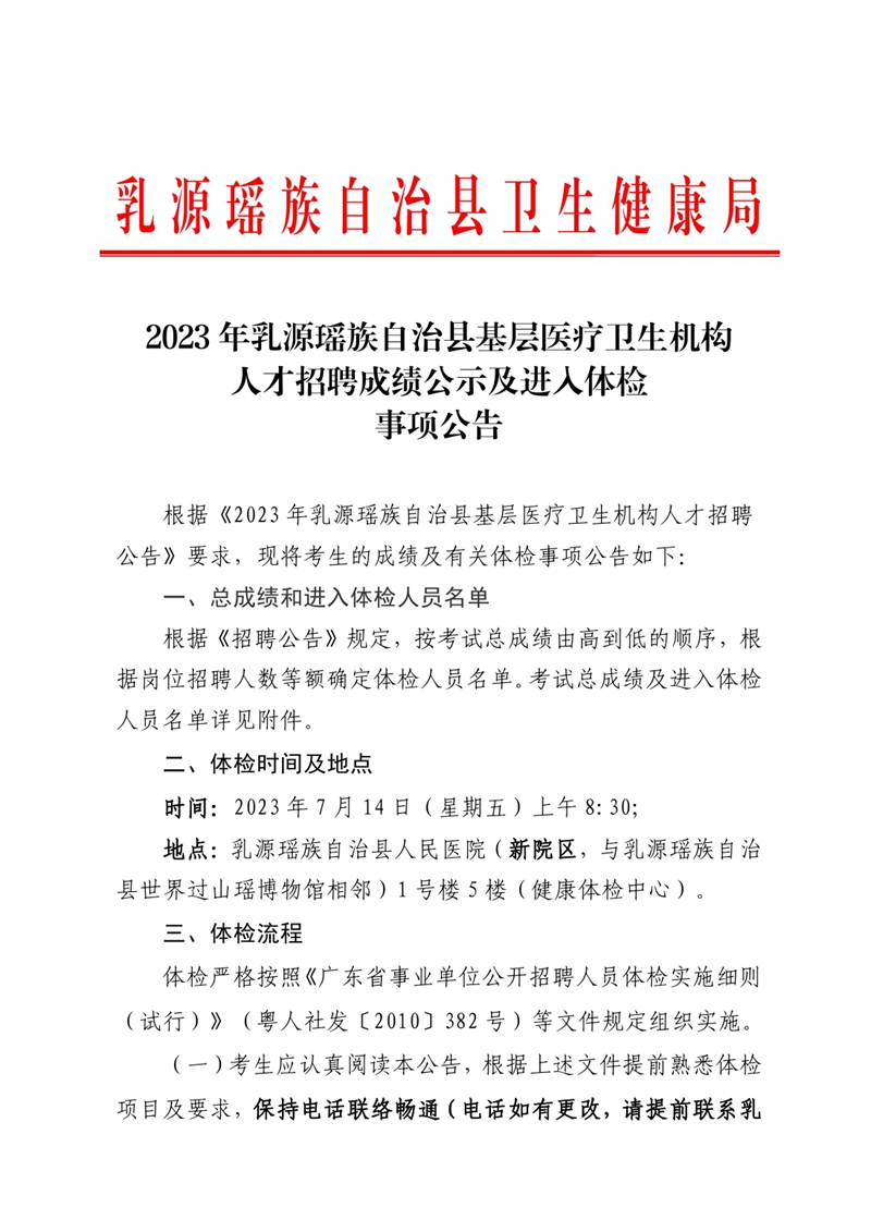 2023年乳源瑶族自治县基层医疗卫生机构人才招聘面试成绩及进入体检事项公告 (章)0000.jpg