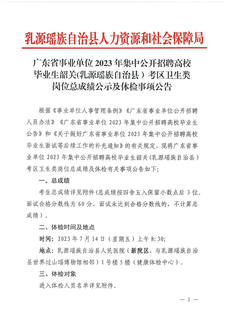 广东省事业单位2023年集中公开招聘高校毕业生韶关(乳源瑶族自治县）考区卫生类岗位总成绩公示及体检事项公告0000.jpg