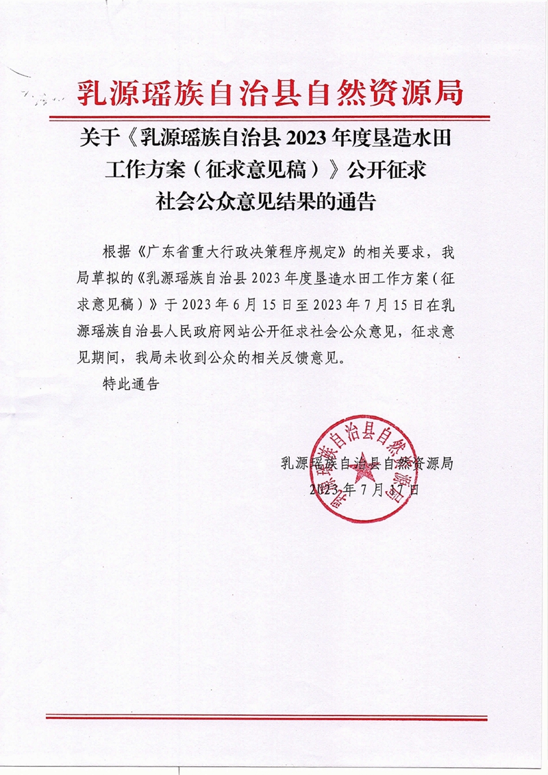 关于《乳源瑶族自治县2023年度垦造水田工作方案（征求意见稿）》公开征求社会公众意见结果的通告0001.jpg