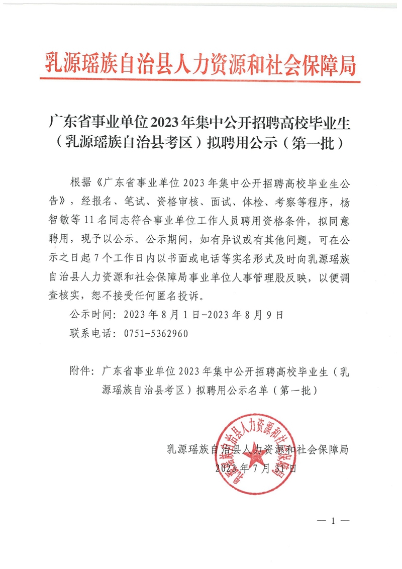 广东省事业单位2023年集中公开招聘高校毕业生（乳源瑶族自治县考区）拟聘用公示（第一批）0000.jpg