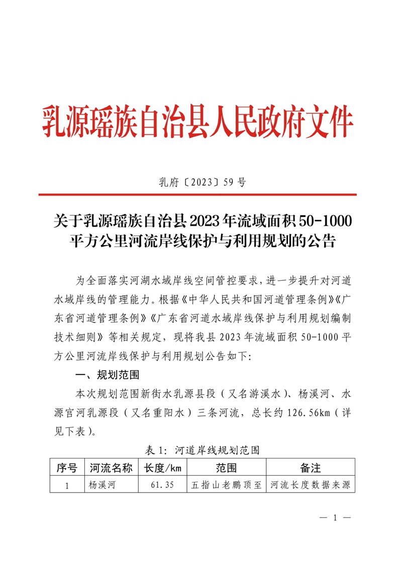 （乳府〔2023〕59号）关于乳源瑶族自治县2023年流域面积50-1000平方公里河流岸线保护与利用规划的公告 0000.jpg