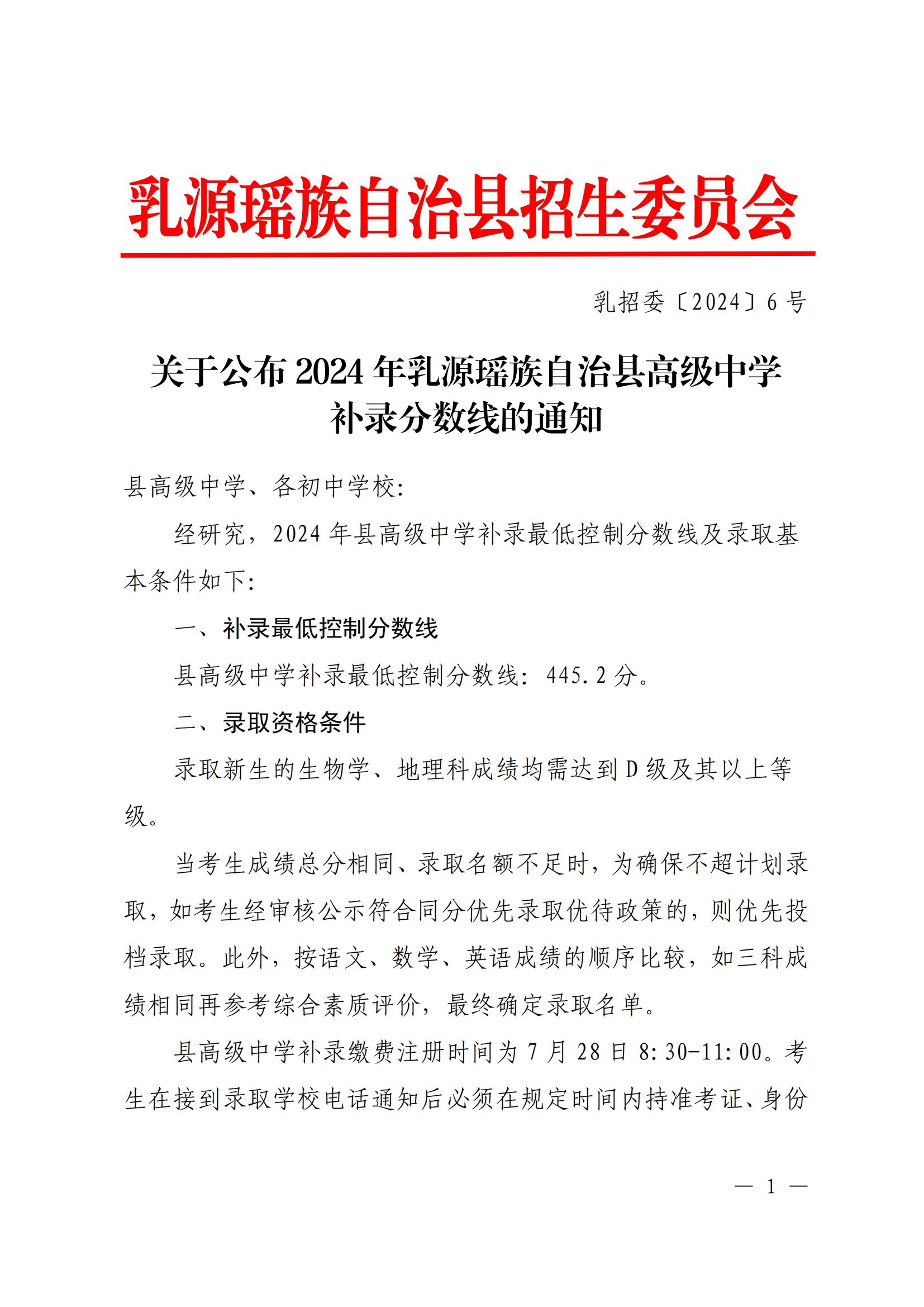 乳招委〔2024〕6号关于公布高级中学补录分数线的通知_00.jpg