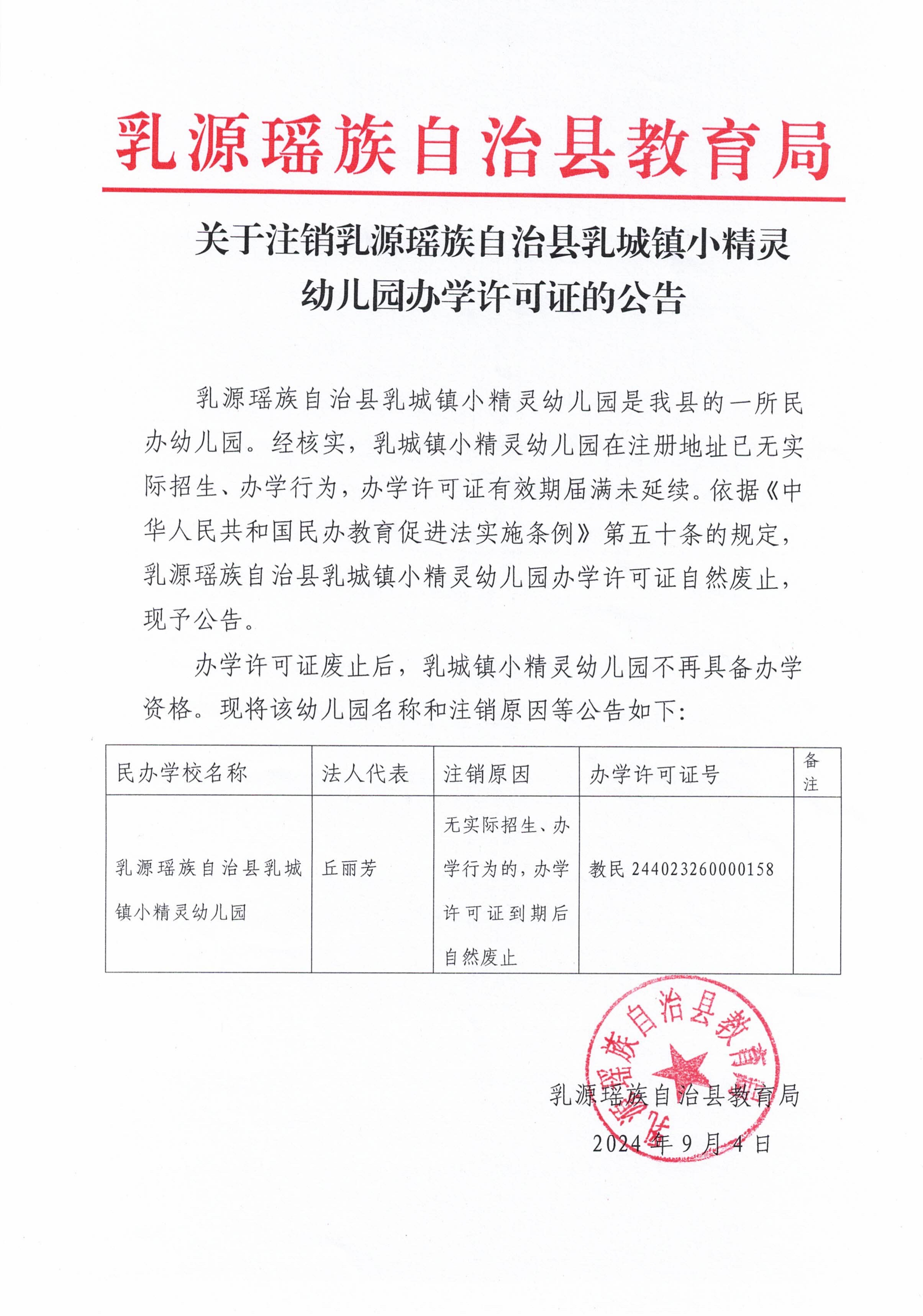 关于注销乳源瑶族自治县乳城镇小精灵幼儿园办学许可证的公告_00.jpg