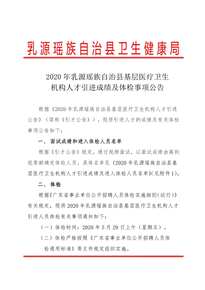 2020年乳源瑶族自治县基层医疗机构人才引进成绩及体检事项公告0000.jpg