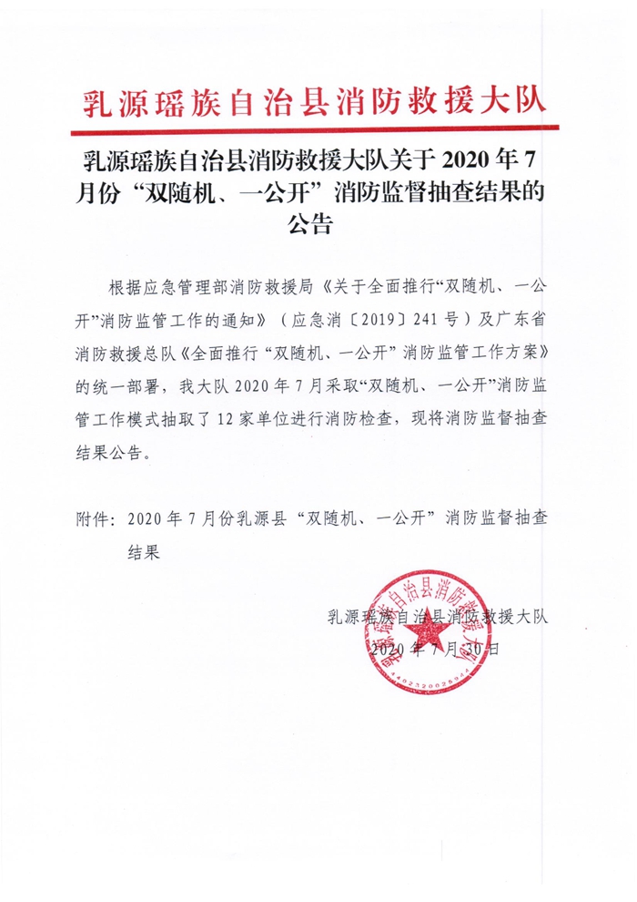 乳源瑶族自治县消防救援大队关于2020年7月份“双随机、一公开”消防监督抽查结果的公告1.jpg