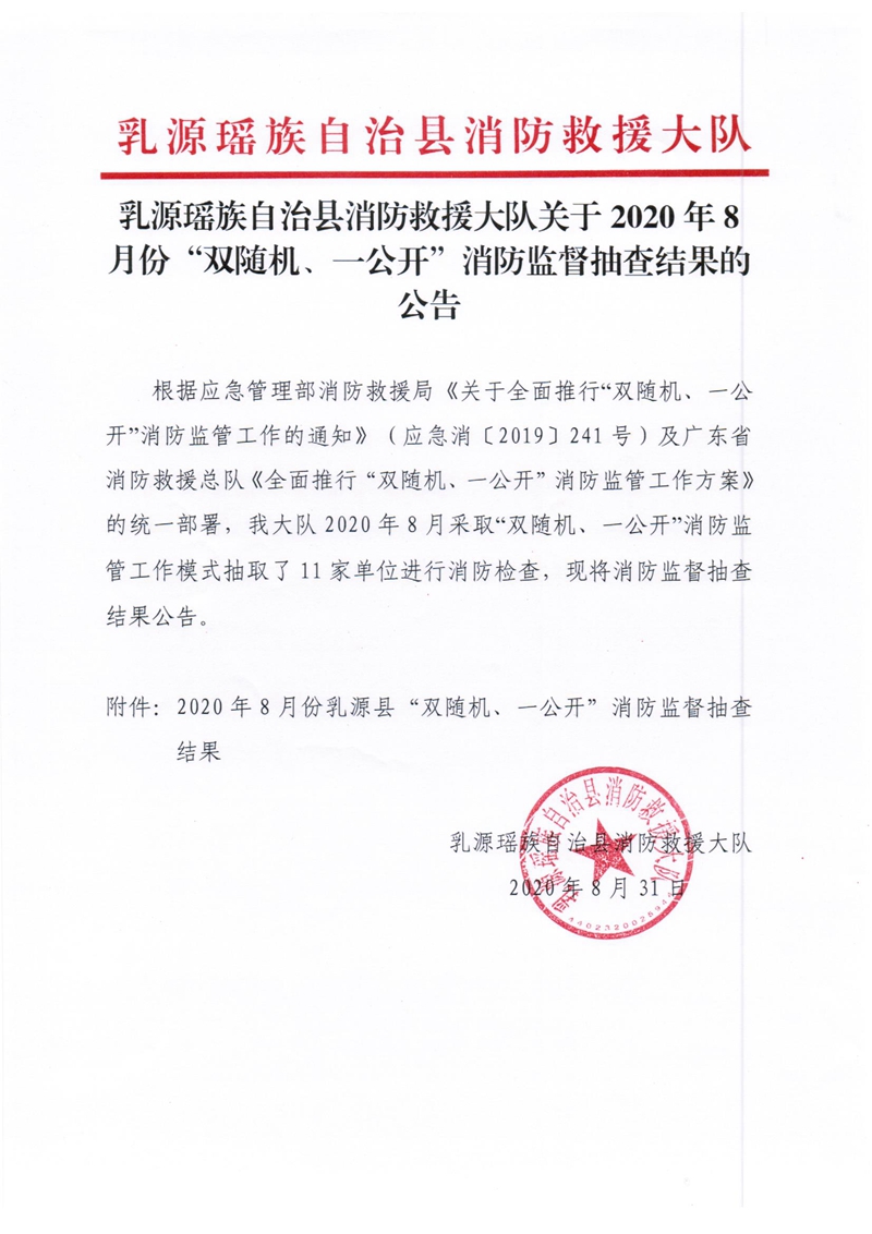 乳源瑶族自治县消防救援大队关于2020年8月份“双随机、一公开”消防监督抽查结果的公告.jpg