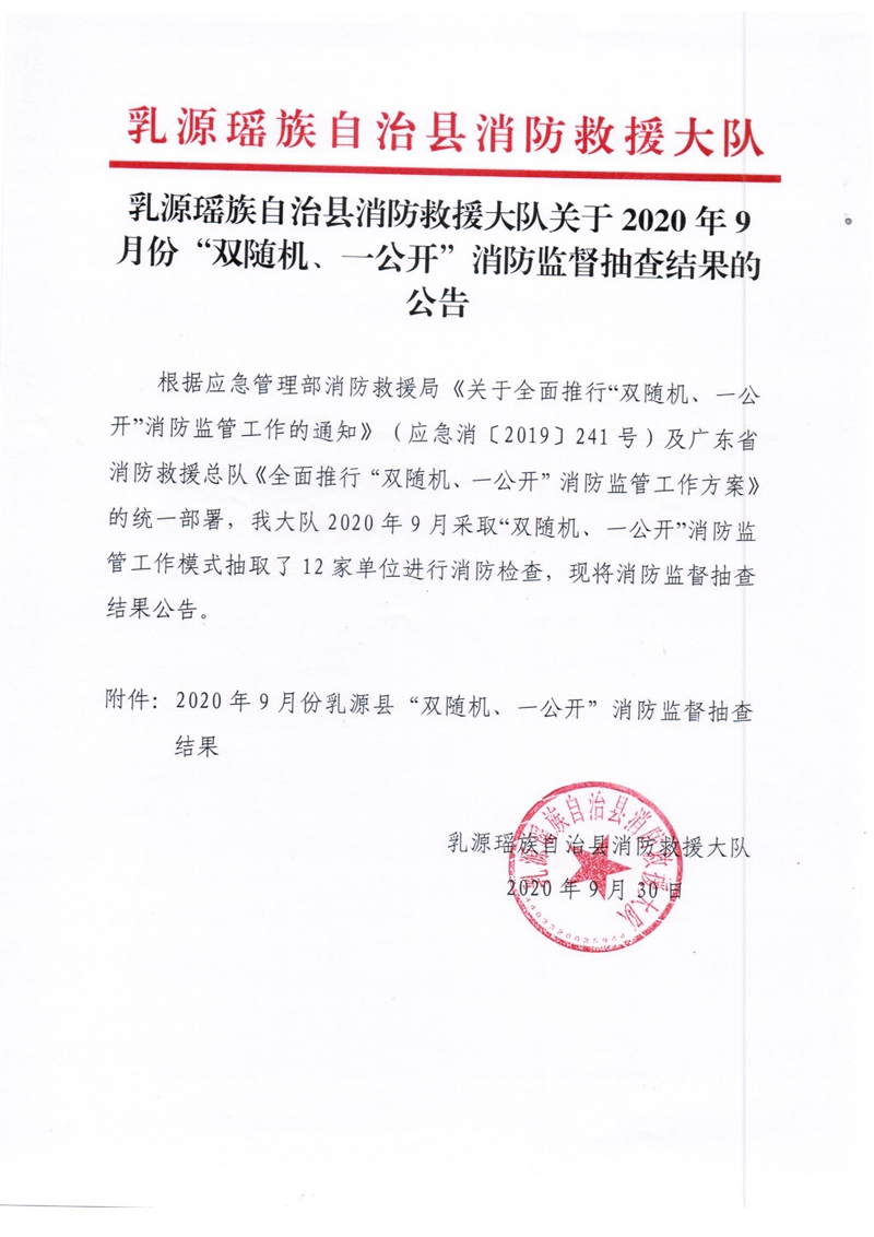 乳源瑶族自治县消防救援大队关于2020年9月份双随机、一公开消防监督抽查结果的公告1.jpg